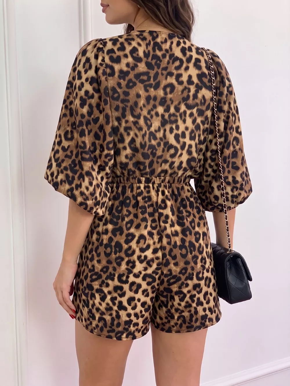 V-Neck Leopard Print Puff Sleeve Romper, image 2