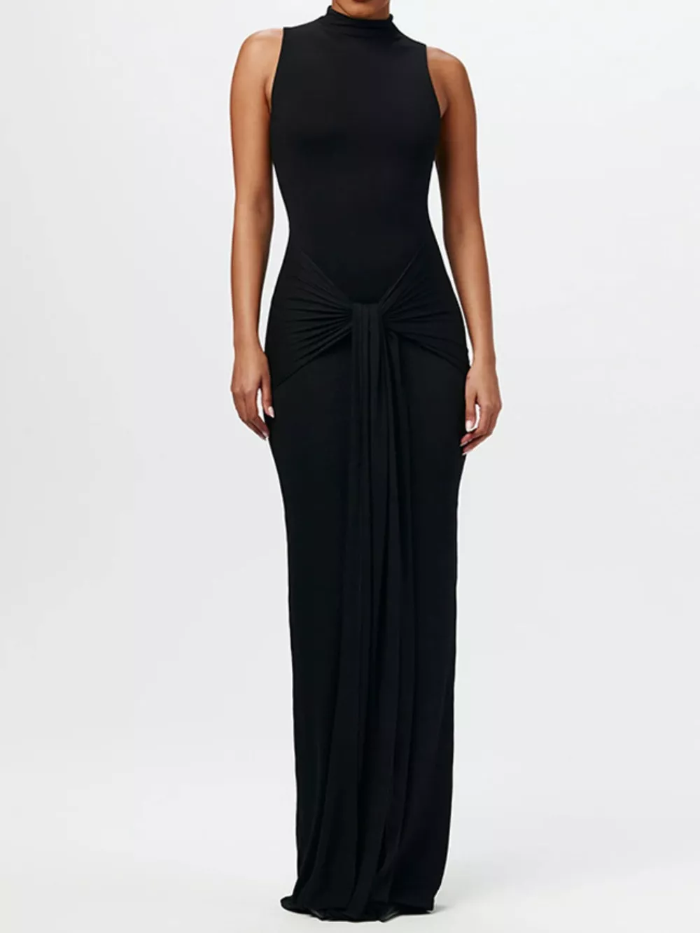 Sleeveless Mock Neck Knot Front Maxi Dress
