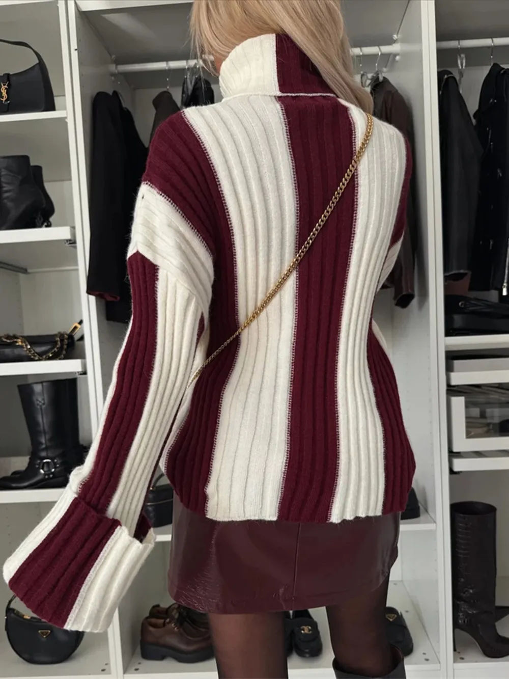 Striped Turtleneck Dropped Shoulder Sweater, image 5