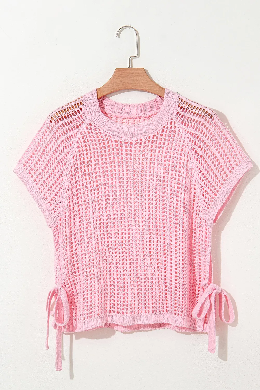 Hollow-out Crochet Side Tied Short Sleeve Knit Cover Up, image 3
