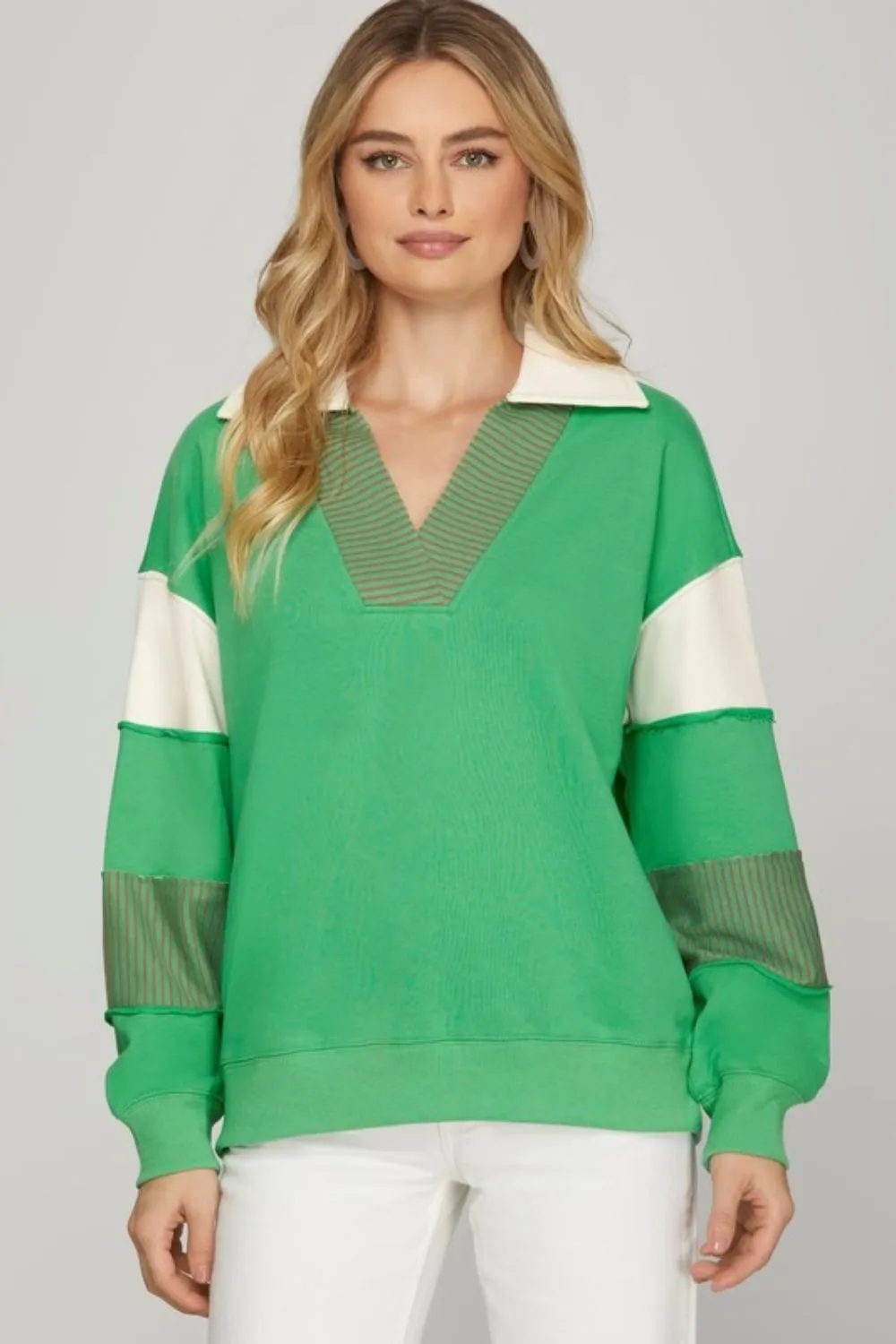 Full Size Color Block Sleeve Johnny Collar French Terry Sweatshirt Plus Size