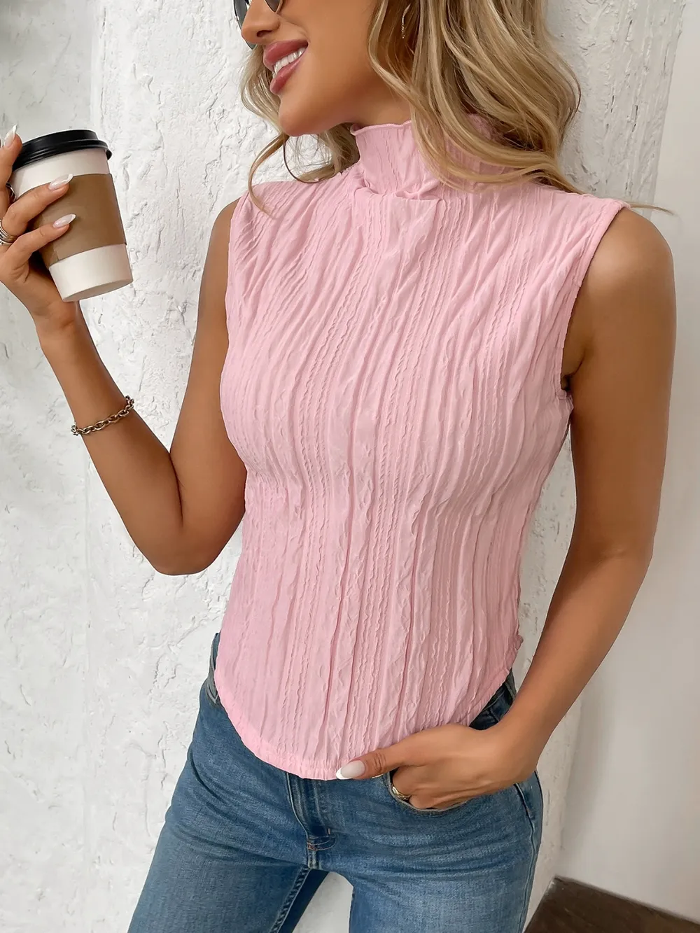 Texture Turtleneck Sleeveless Top, image 3