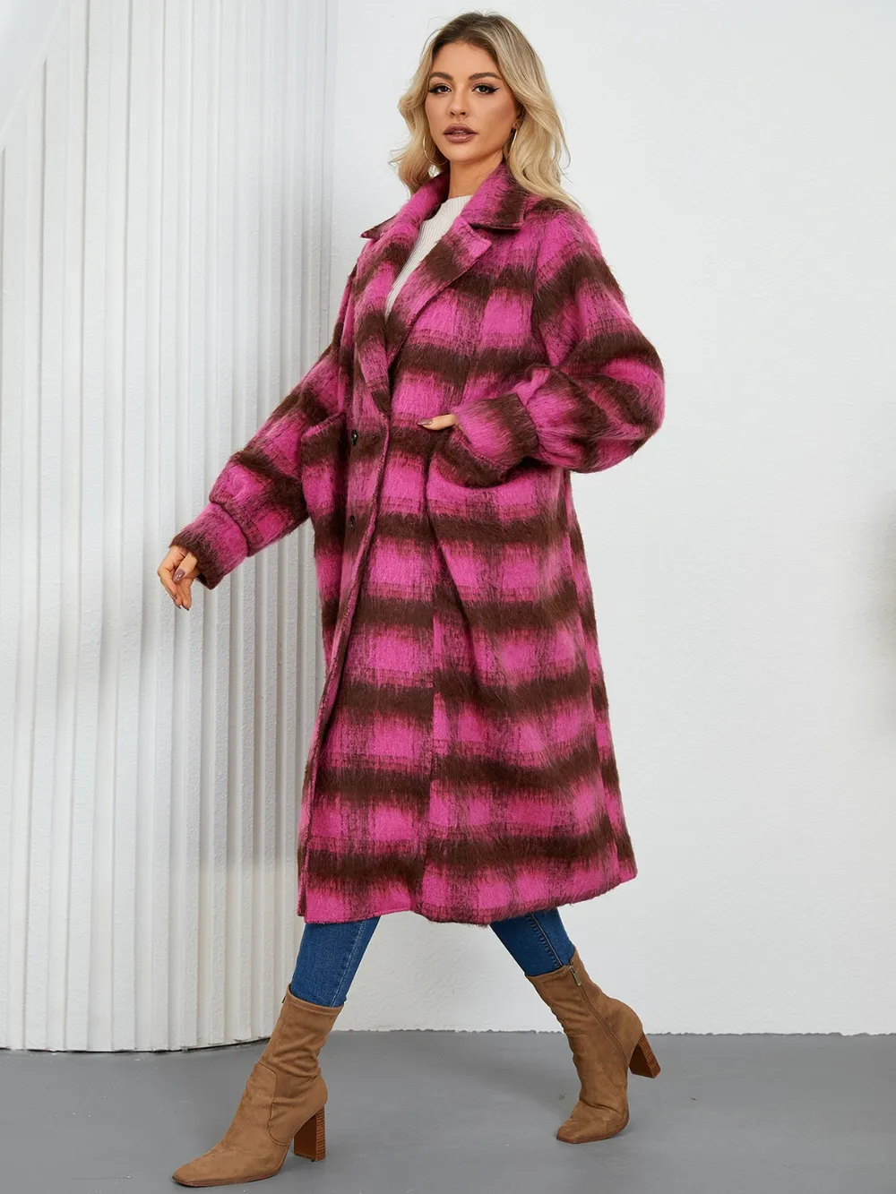 Contrast Double-Breasted Long Sleeve Longline Coat, image 12