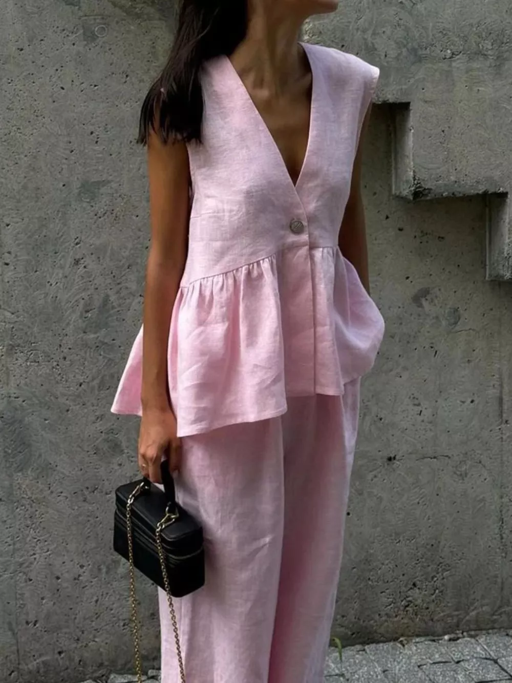 One Button Sleeveless Top and Wide-Leg Pants Set, image 3