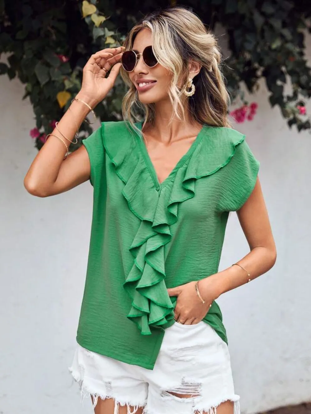 Ruffled V-Neck Short Sleeve Blouse, image 7