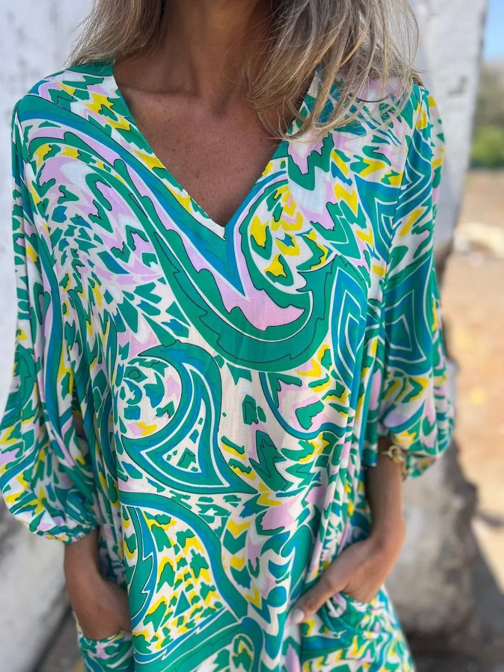 Full Size Printed V-Neck Dress with Pockets Plus Size, image 6