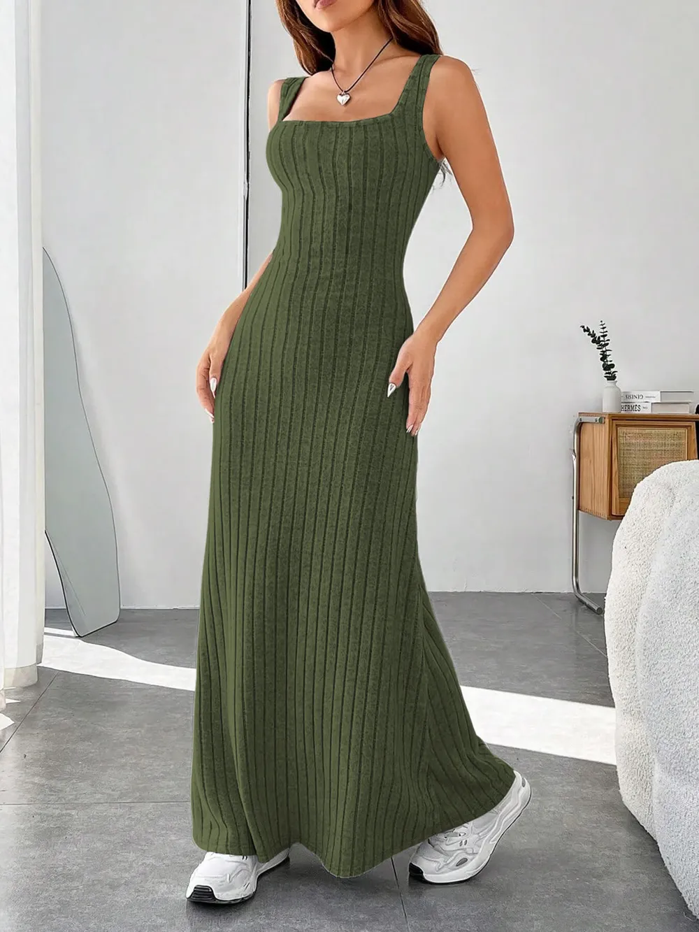 Ribbed Knit Square Neck Sleeveless Maxi Dress, image 14