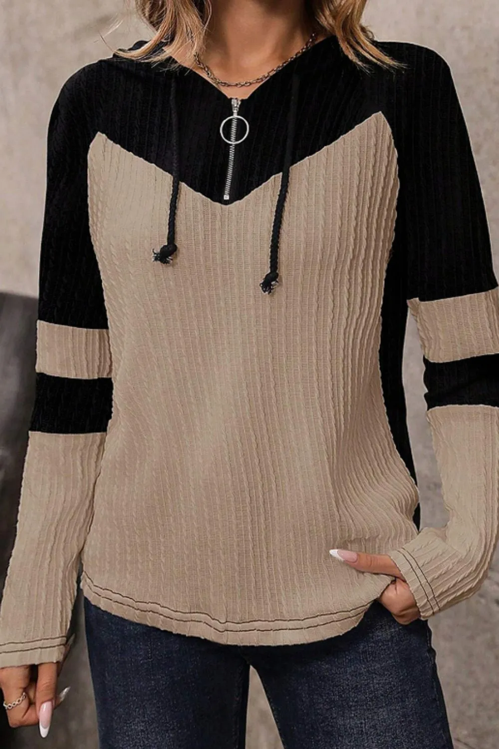 Drawstring Quarter Zip Contrast Long Sleeve Hoodie, image 2