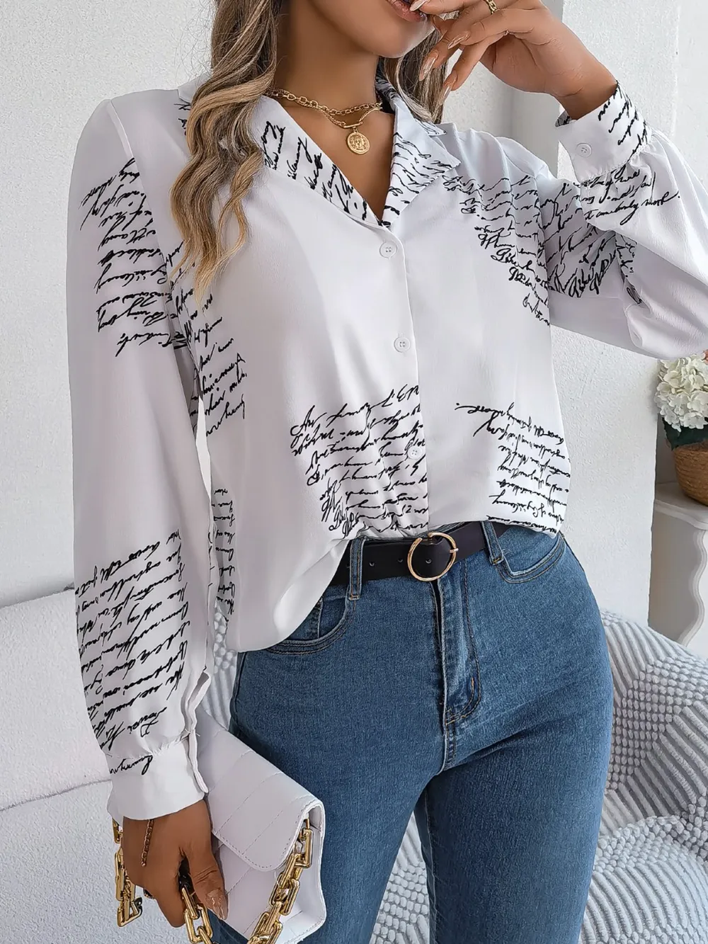 Letter Printed Button Up Long Sleeve Blouse, image 6