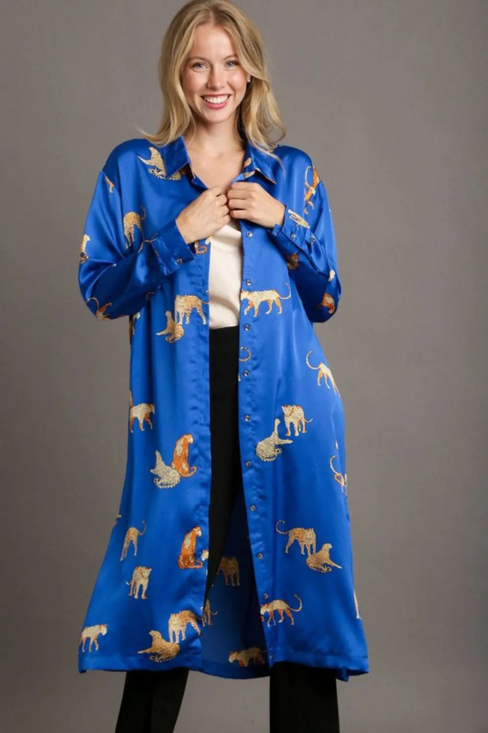 Full Size Animal Print Button Down Midi Shirt Dress Plus Size