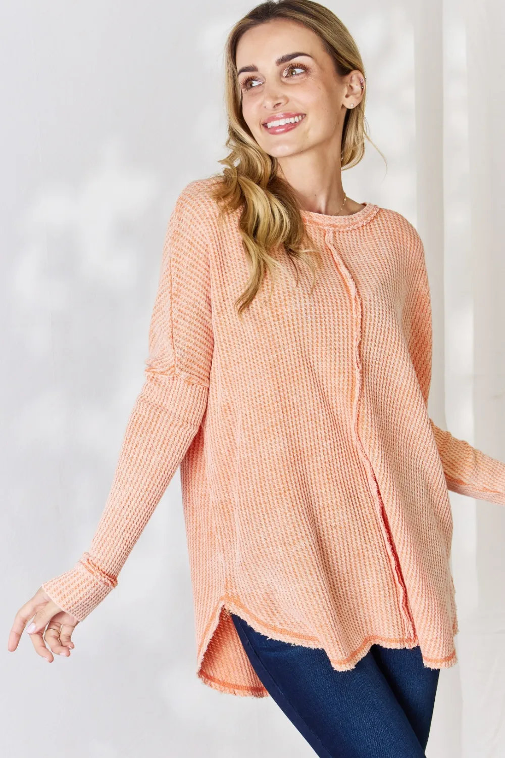Oversized Washed Waffle Long Sleeve Top, image 4