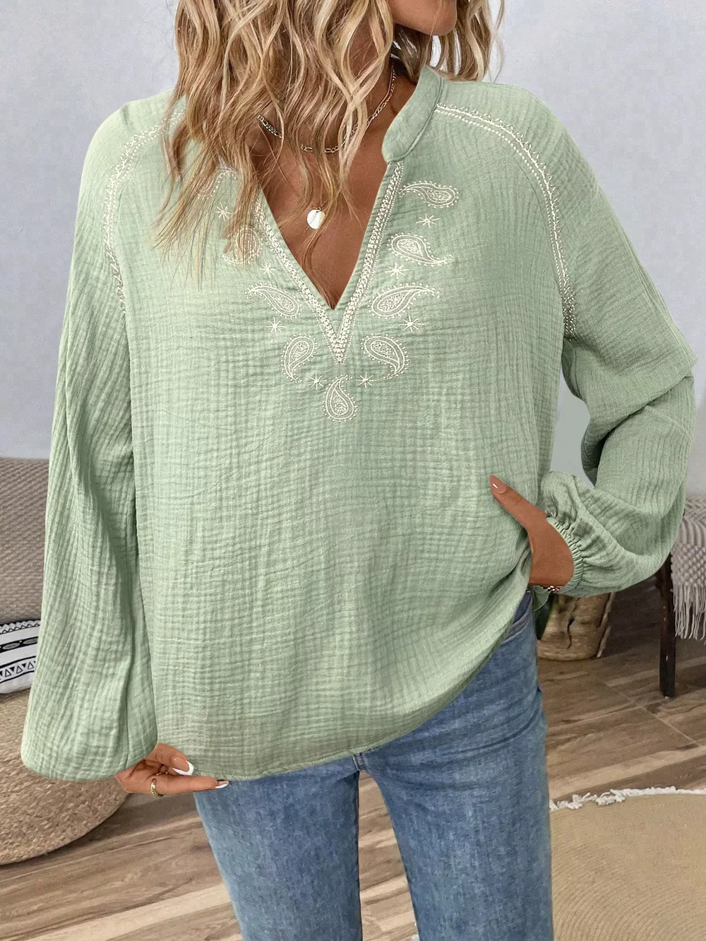 Paisley Notched Balloon Sleeve Blouse, image 20