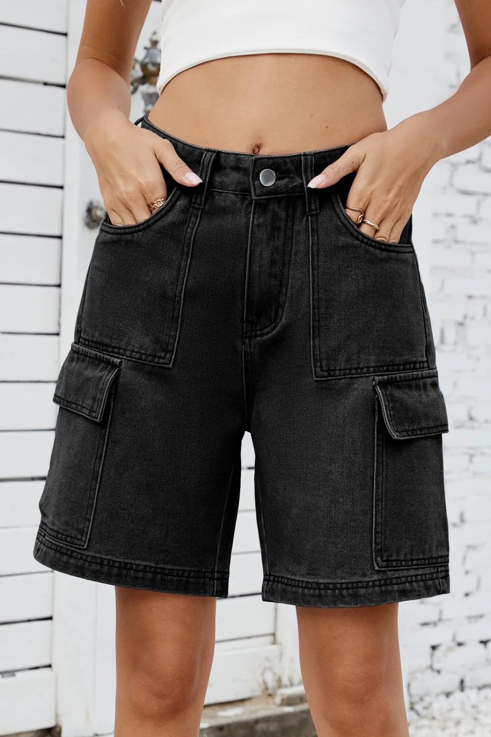 High Rise Denim Shorts with Cargo Pockets, image 4