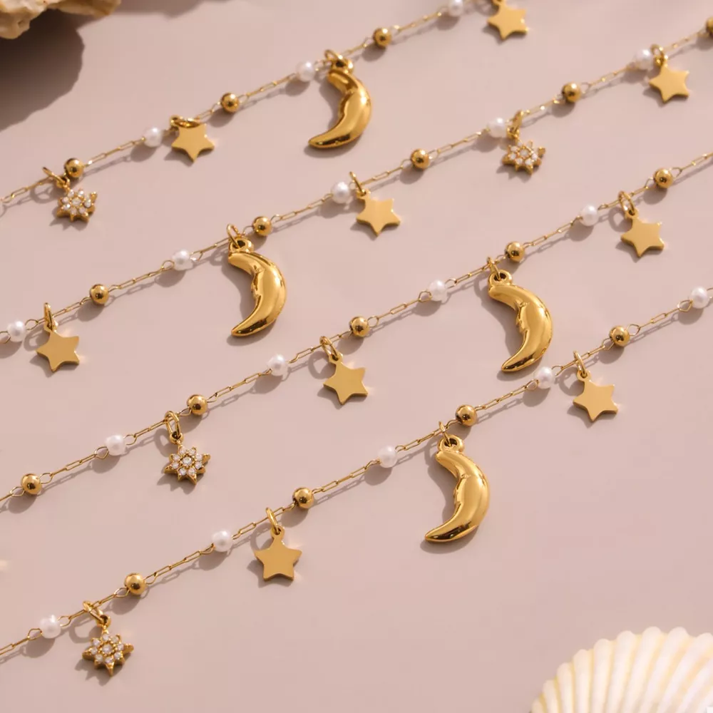18K Gold-Plated Stainless Steel Zircon Star Moon Necklace, image 7