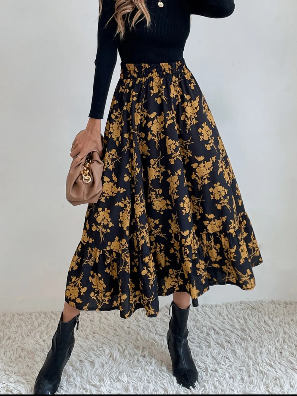 Printed Elastic Waist Midi Skirt, image 3