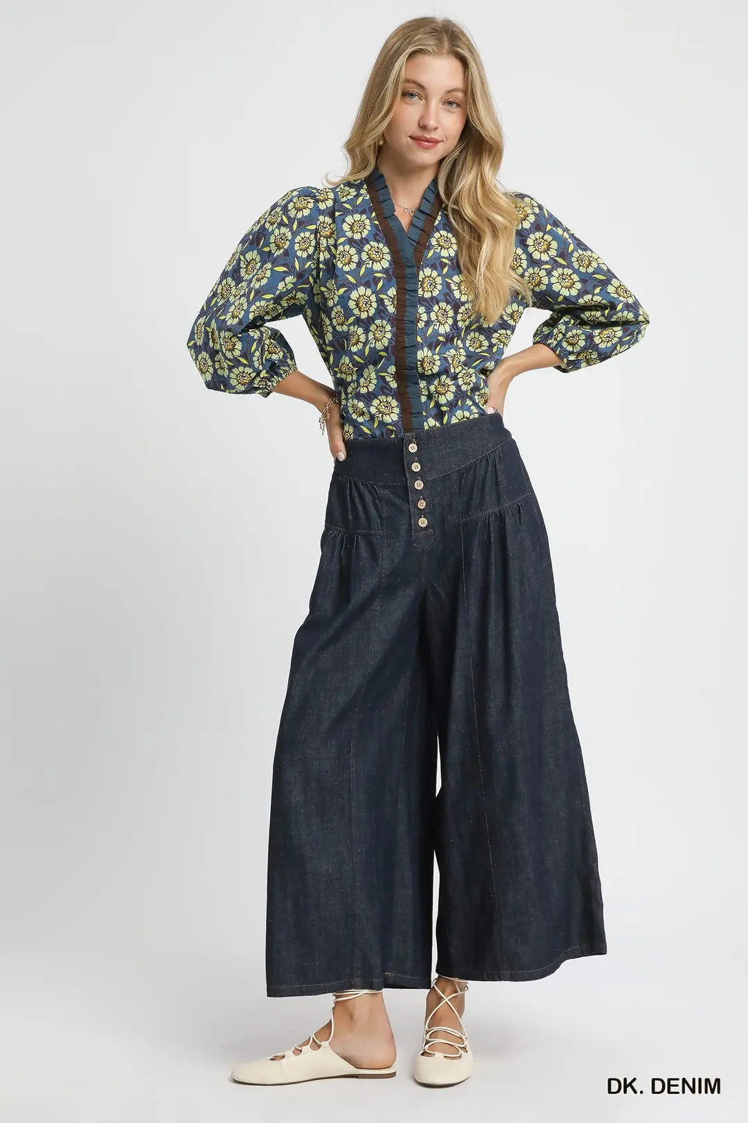 Stone Washed Wide-Leg Button-Front Culottes, image 5