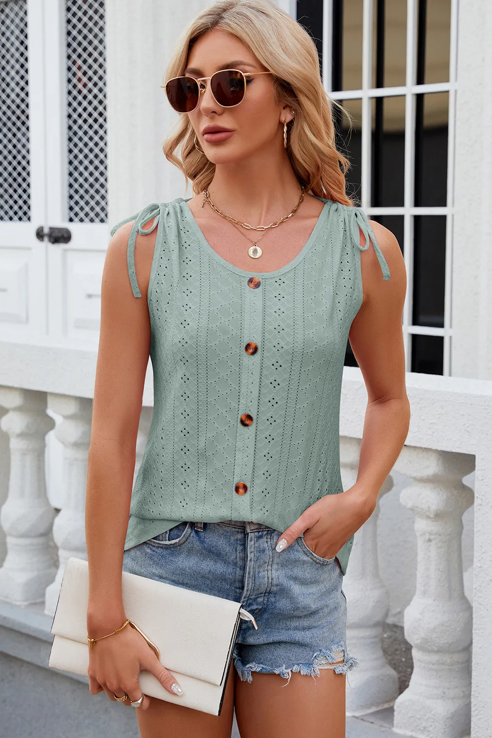 Eyelet Round Neck Wide Strap Tank, image 29