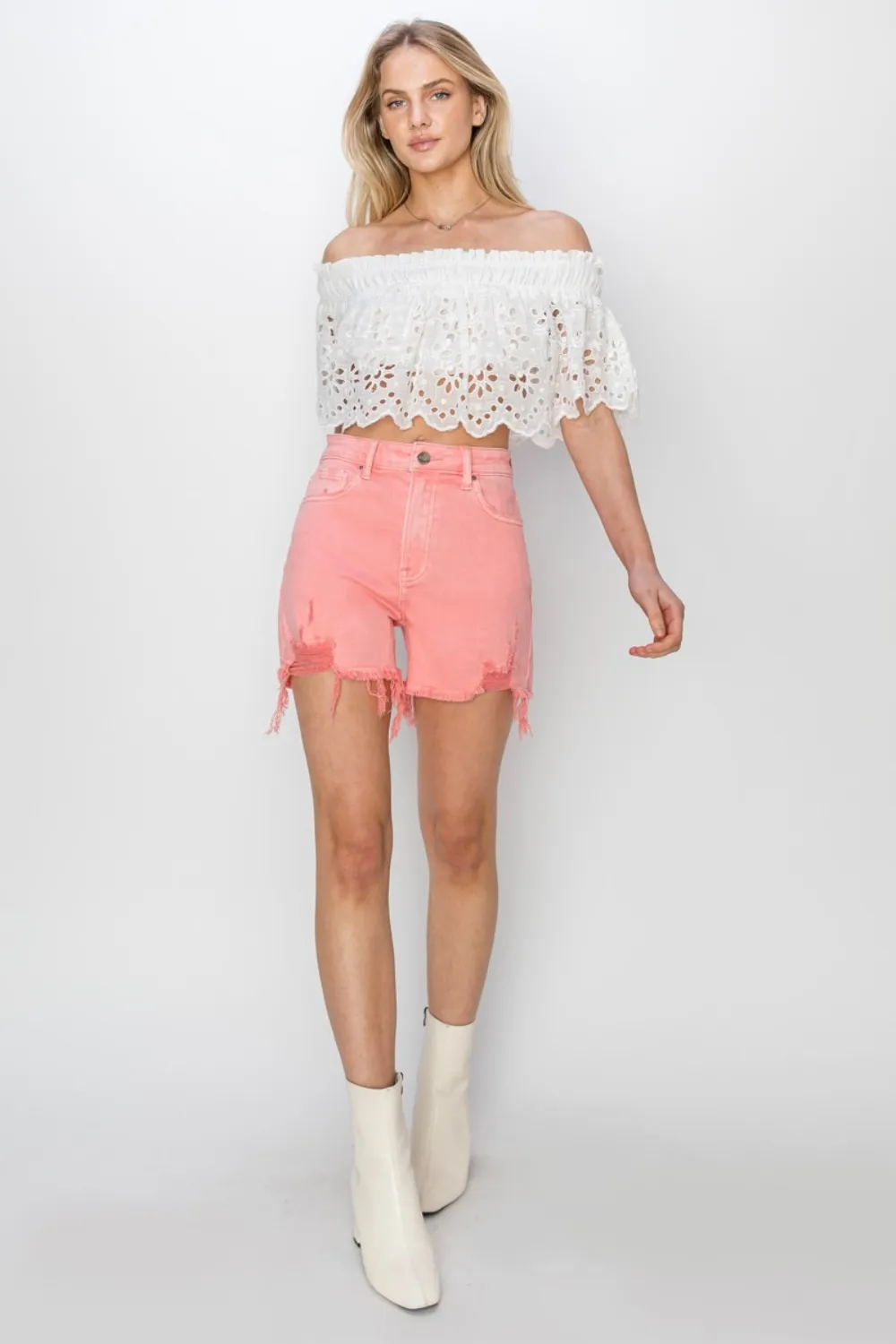 High Rise Distressed Denim Shorts, image 7