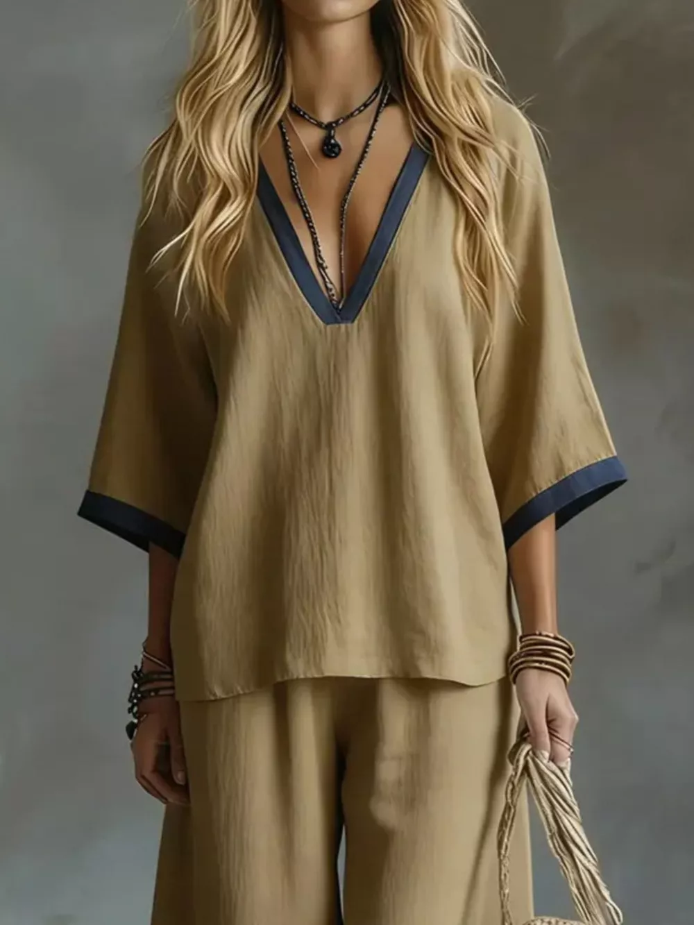 Full Size Contrast Trim V-Neck Top and Pants Set Plus Size, image 5