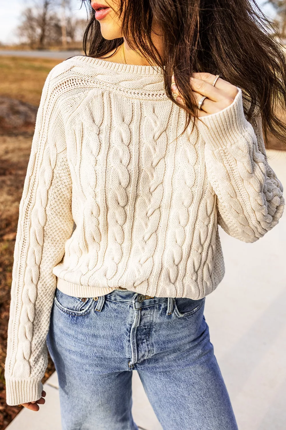 Drop Shoulder Round Neck Cable Knit Sweater, image 7