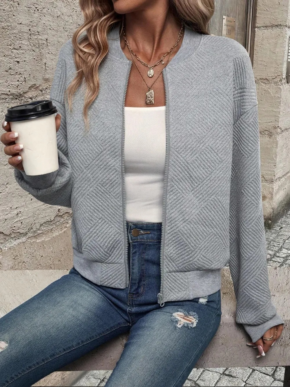 Textured Zip Up Long Sleeve Jacket, image 7