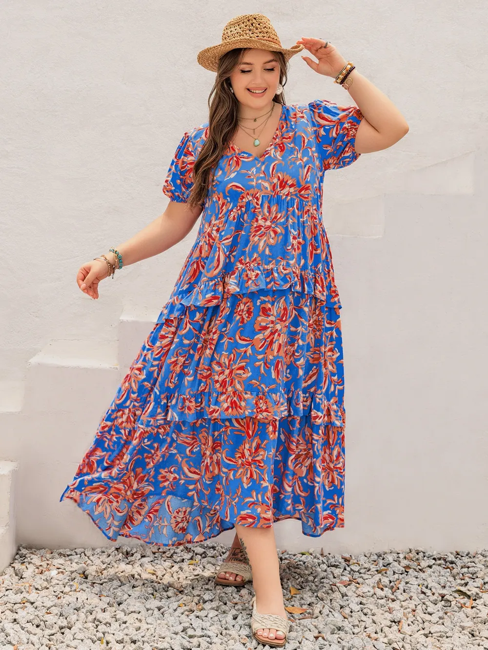 Plus Size Ruffled Printed V-Neck Short Sleeve Maxi Dress, image 2