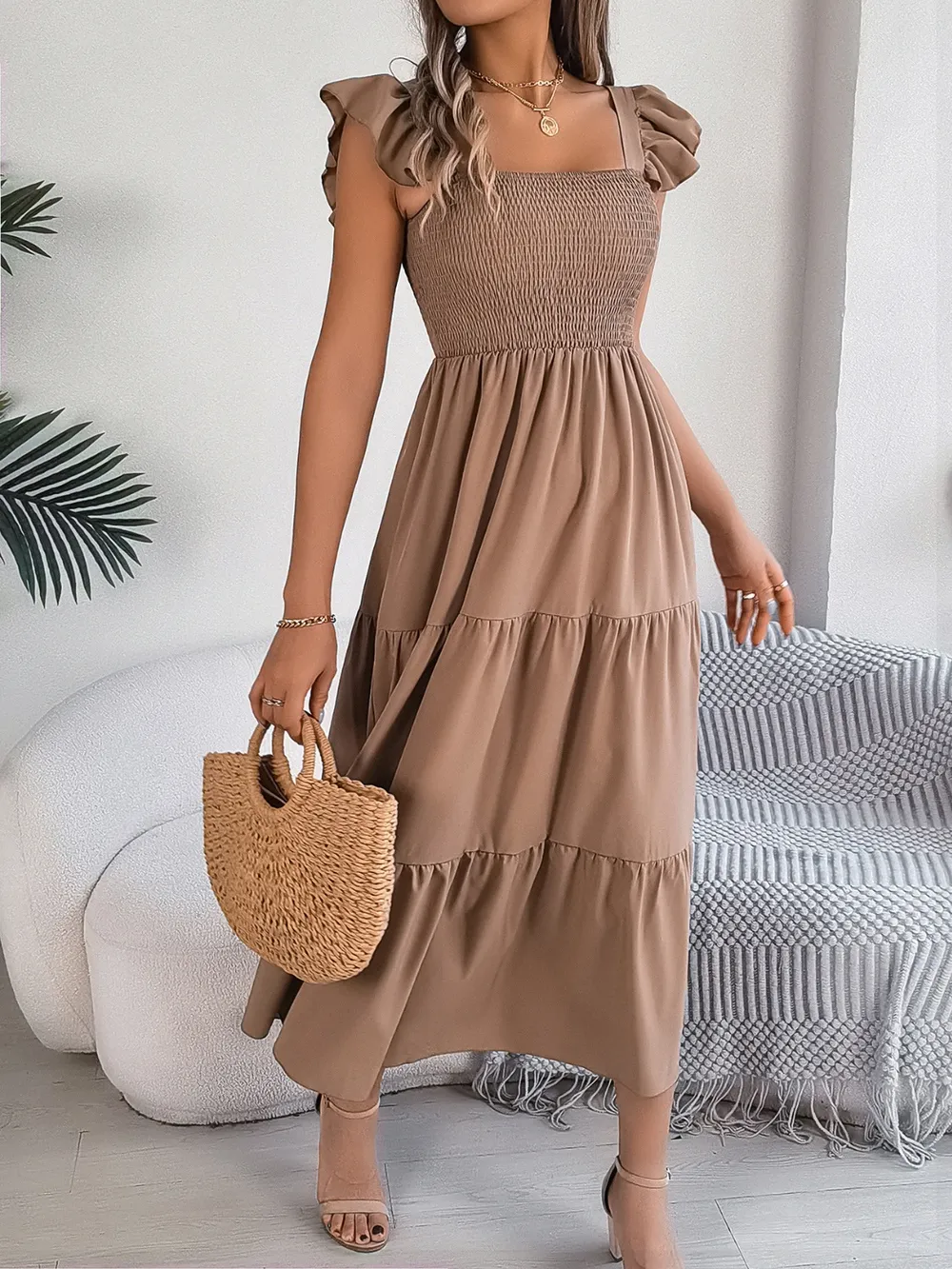 Smocked Square Neck Cap Sleeve Midi Dress, image 4