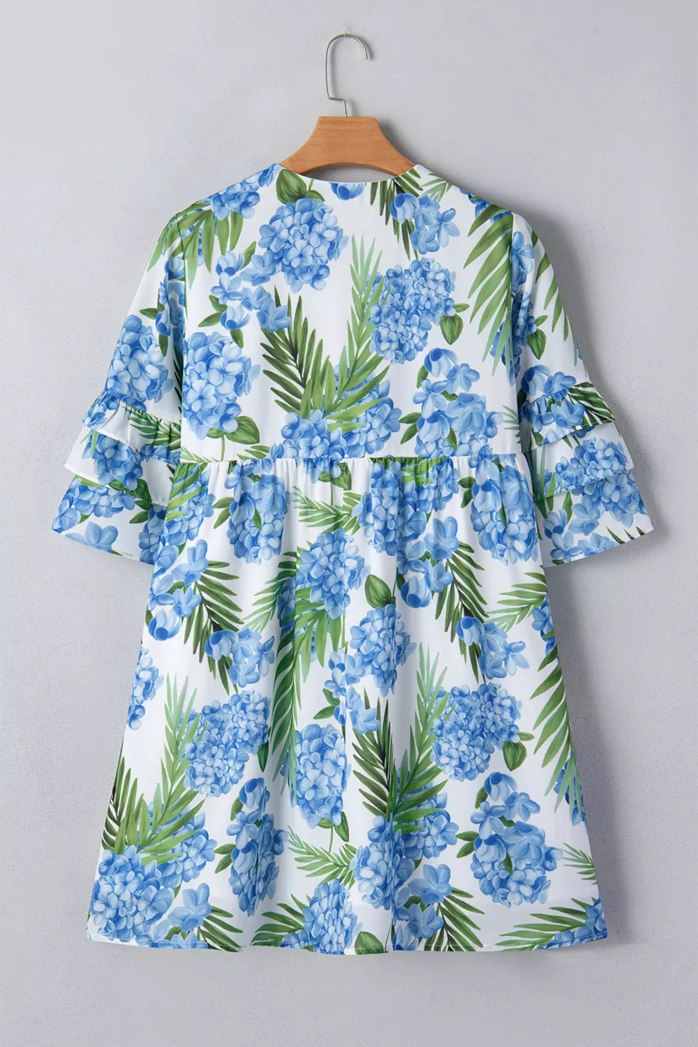 Palm Floral Print Contrast Ribbon Knot Ruffle Tiered Sleeve Mini Dress, image 4