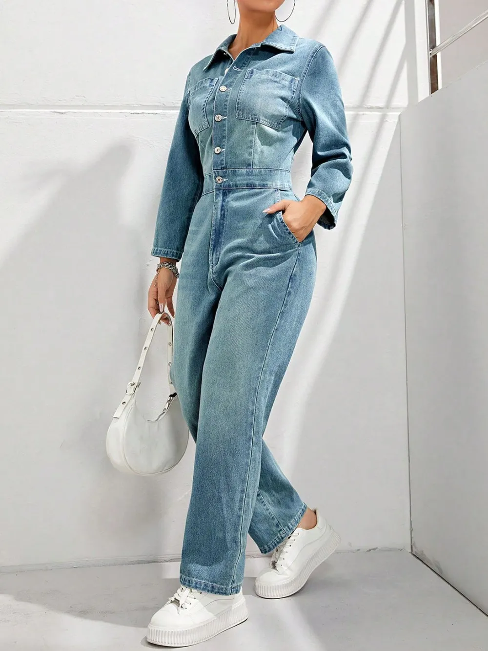 Half Button Long Sleeve Straight Leg Denim Jumpsuit, image 3