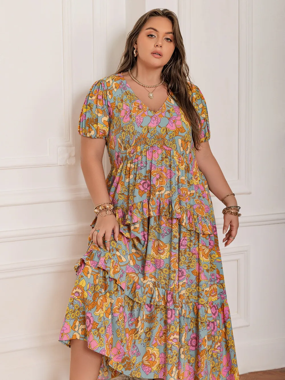 Plus Size Printed V-Neck Short Sleeve Maxi Dress, image 3