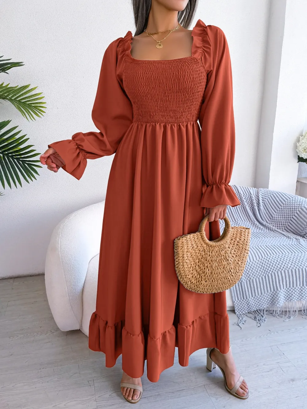 Smocked Square Neck Flounce Sleeve Dress, image 3