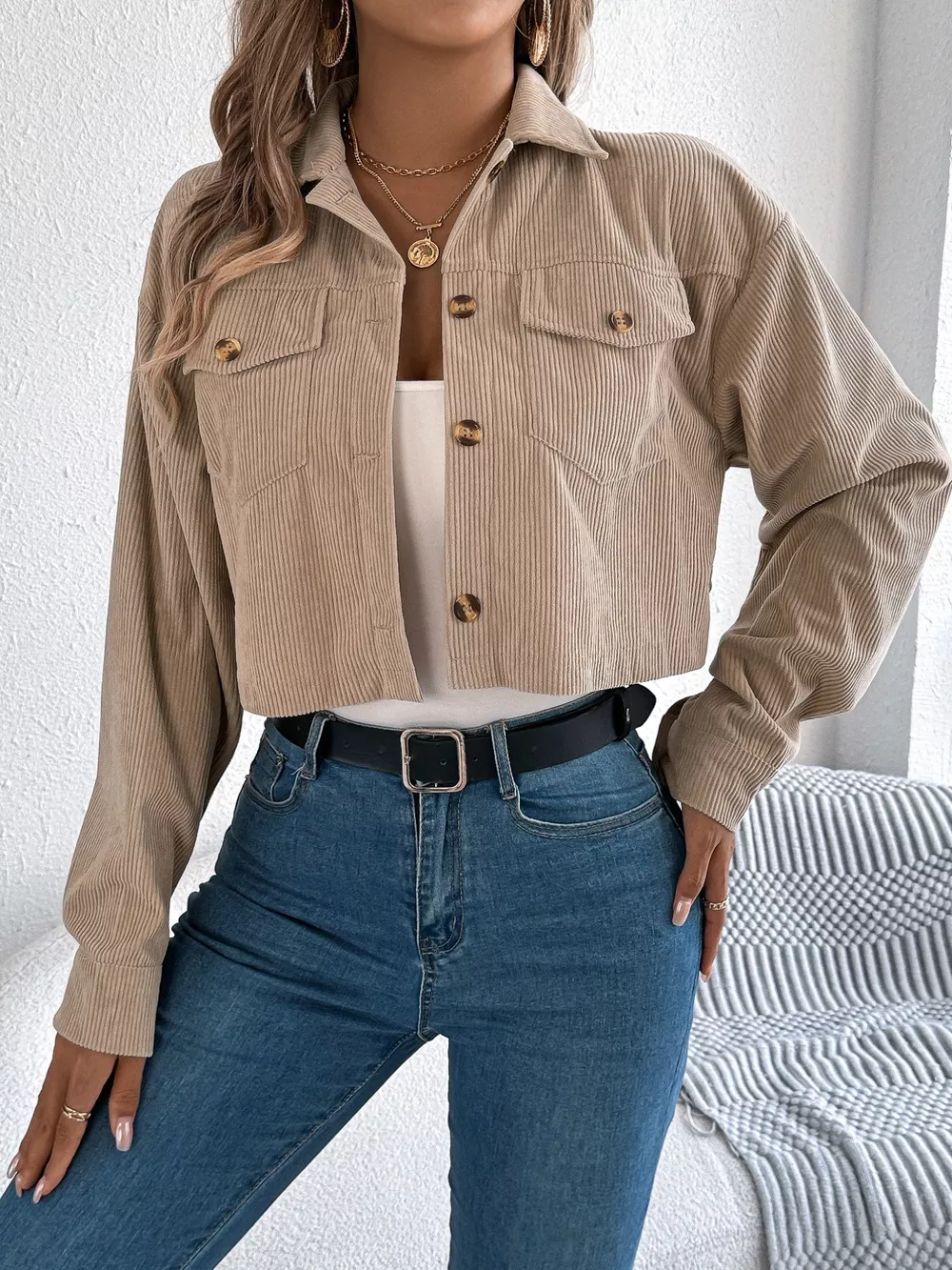 Corduroy Button-Up Dropped Shoulder Jacket, image 16