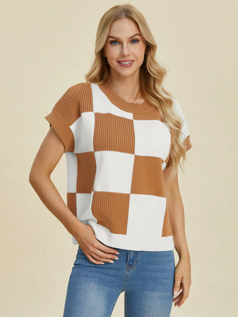 Full Size Checkered Round Neck Short Sleeve Sweater, image 7
