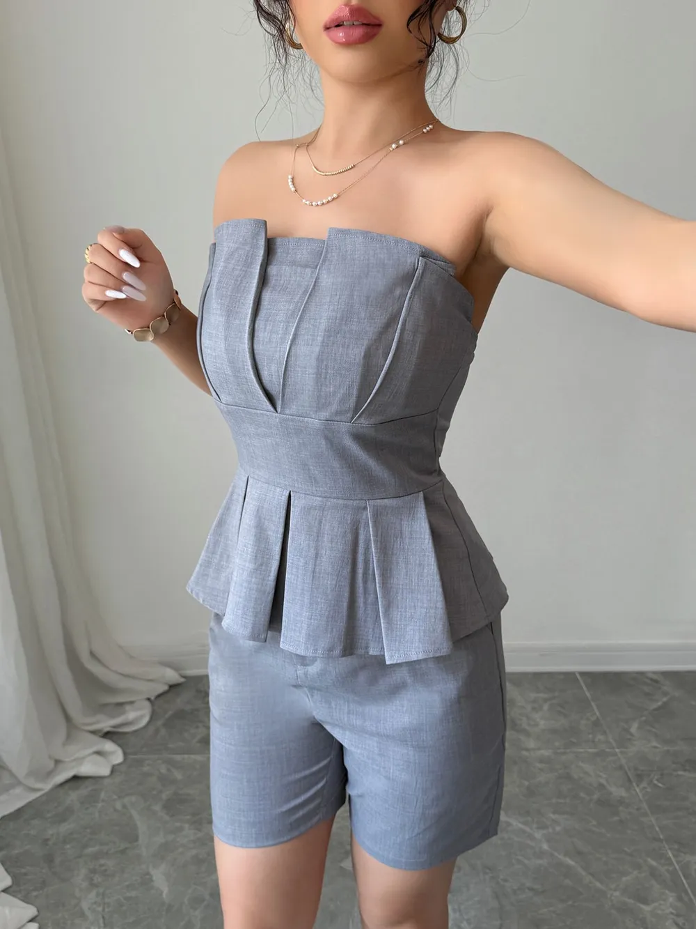 Strapless Peplum Top and Shorts Two-Piece Set