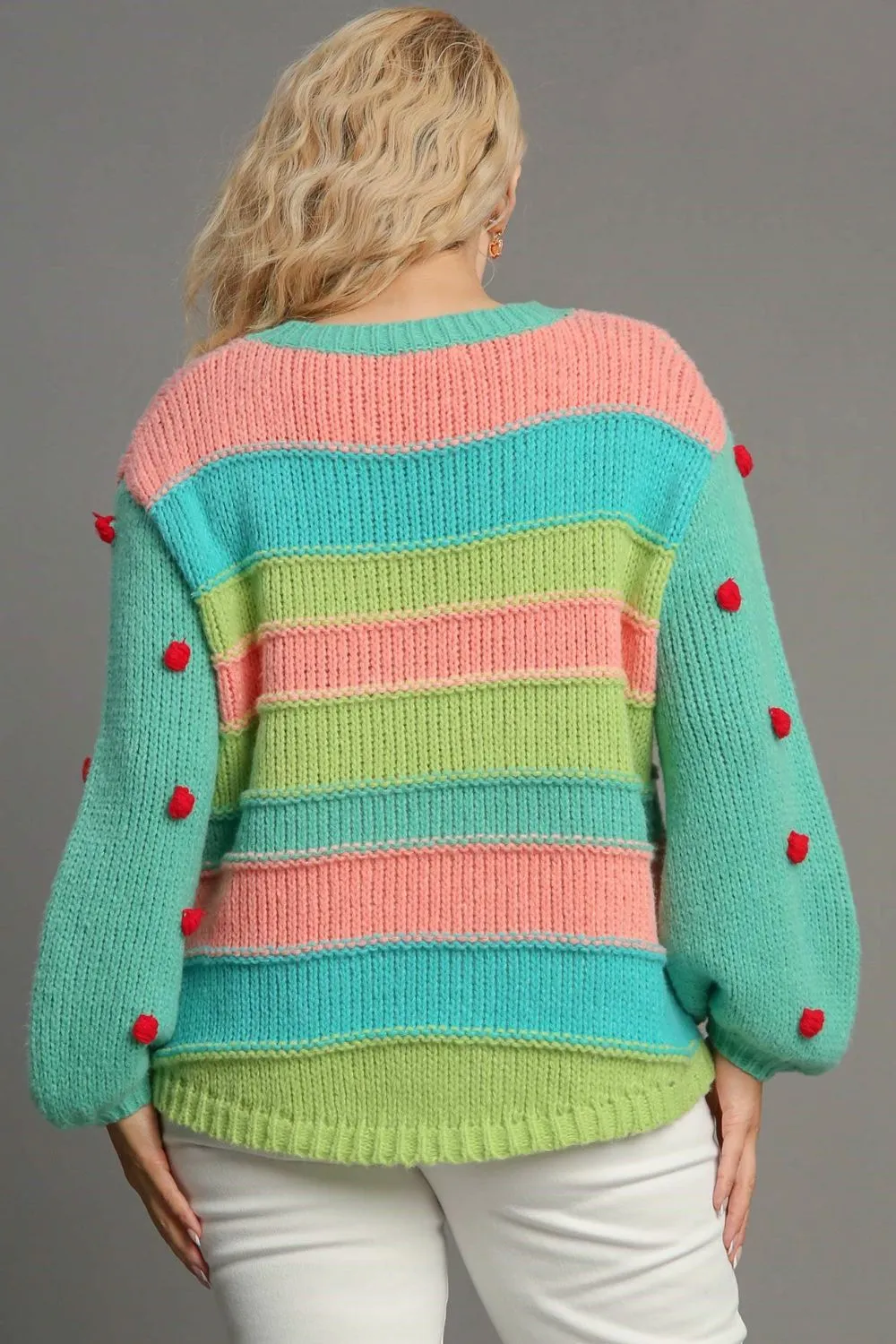 Full Size Color Block Cable Knit Sweater with Pom Pom Plus Size, image 5