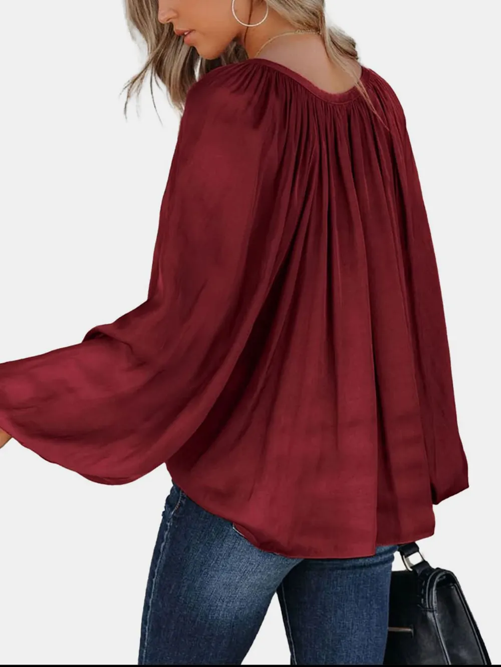 Ruched Tie Neck Balloon Sleeve Blouse, image 2