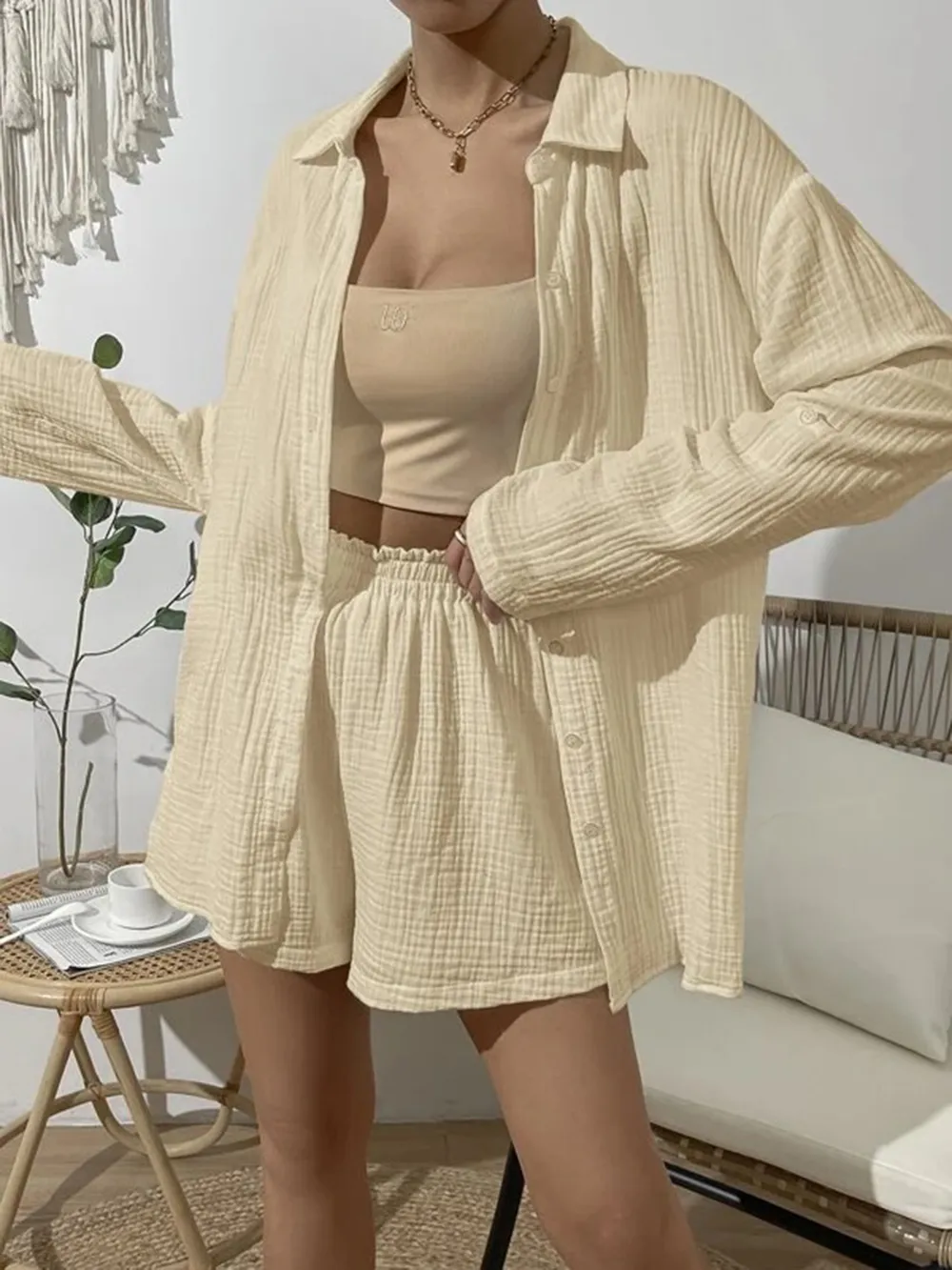 Dropped Shoulder Button Up Top and Elastic Waist Shorts Set, image 15
