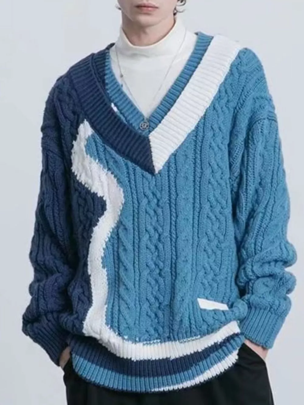 Men's Color Block Cable Knit V-Neck Sweater, image 2