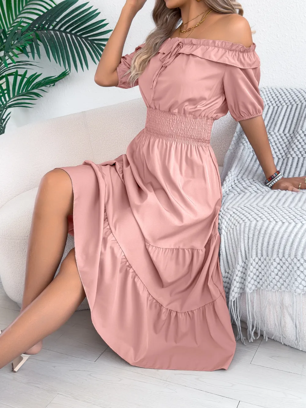 Smocked Off-Shoulder Tiered Dress, image 3