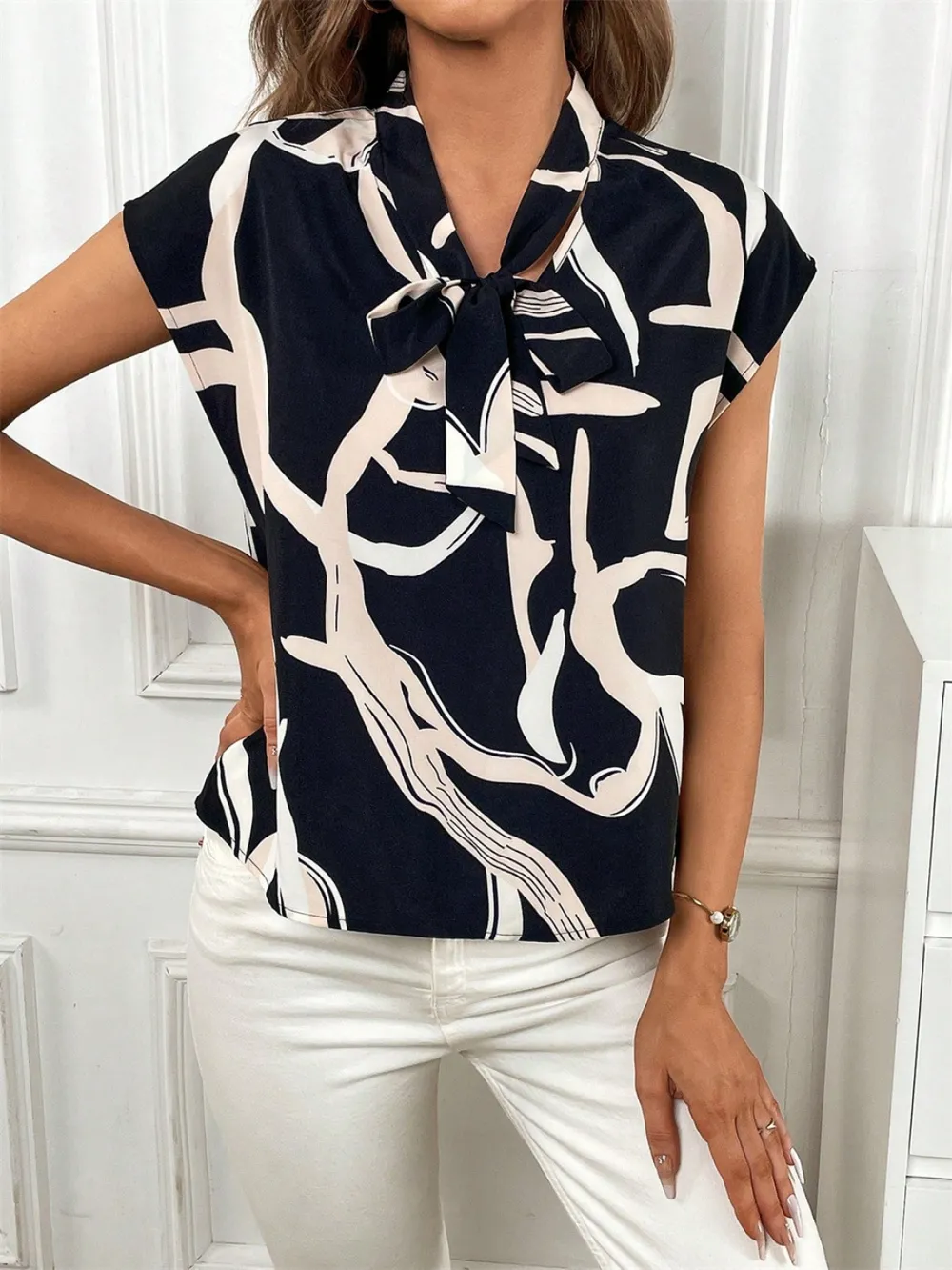 Printed Tie Neck Cap Sleeve Blouse, image 6