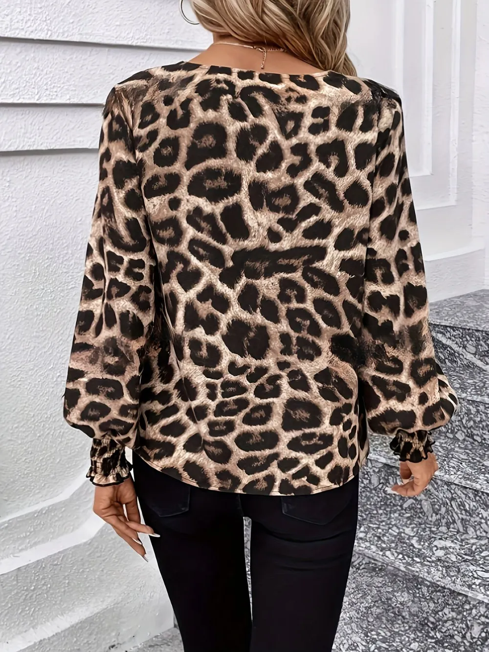 Leopard V-Neck Lantern Sleeve Blouse, image 2