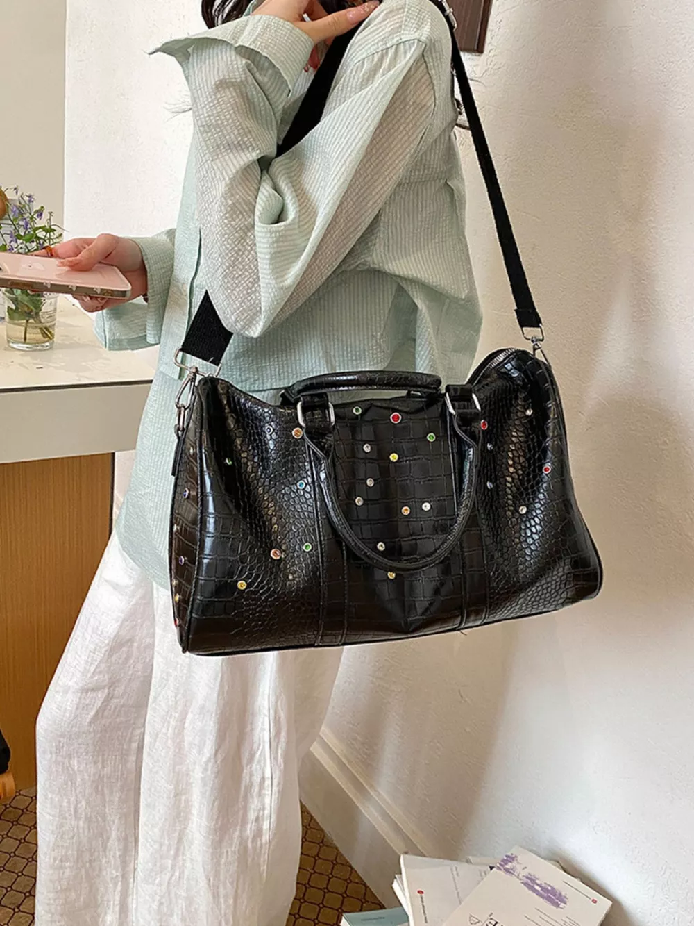Crocodile Embossed Studded Travel Bag, image 4