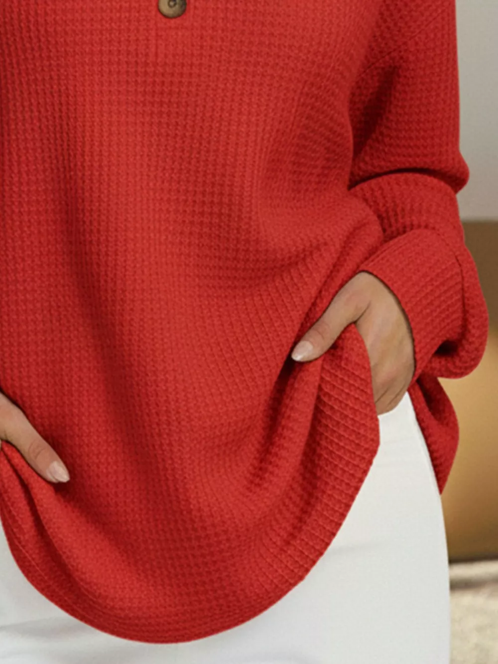 Full Size Casual Waffle Knit V-Neck Long Sleeve T-Shirt Plus Size, image 6