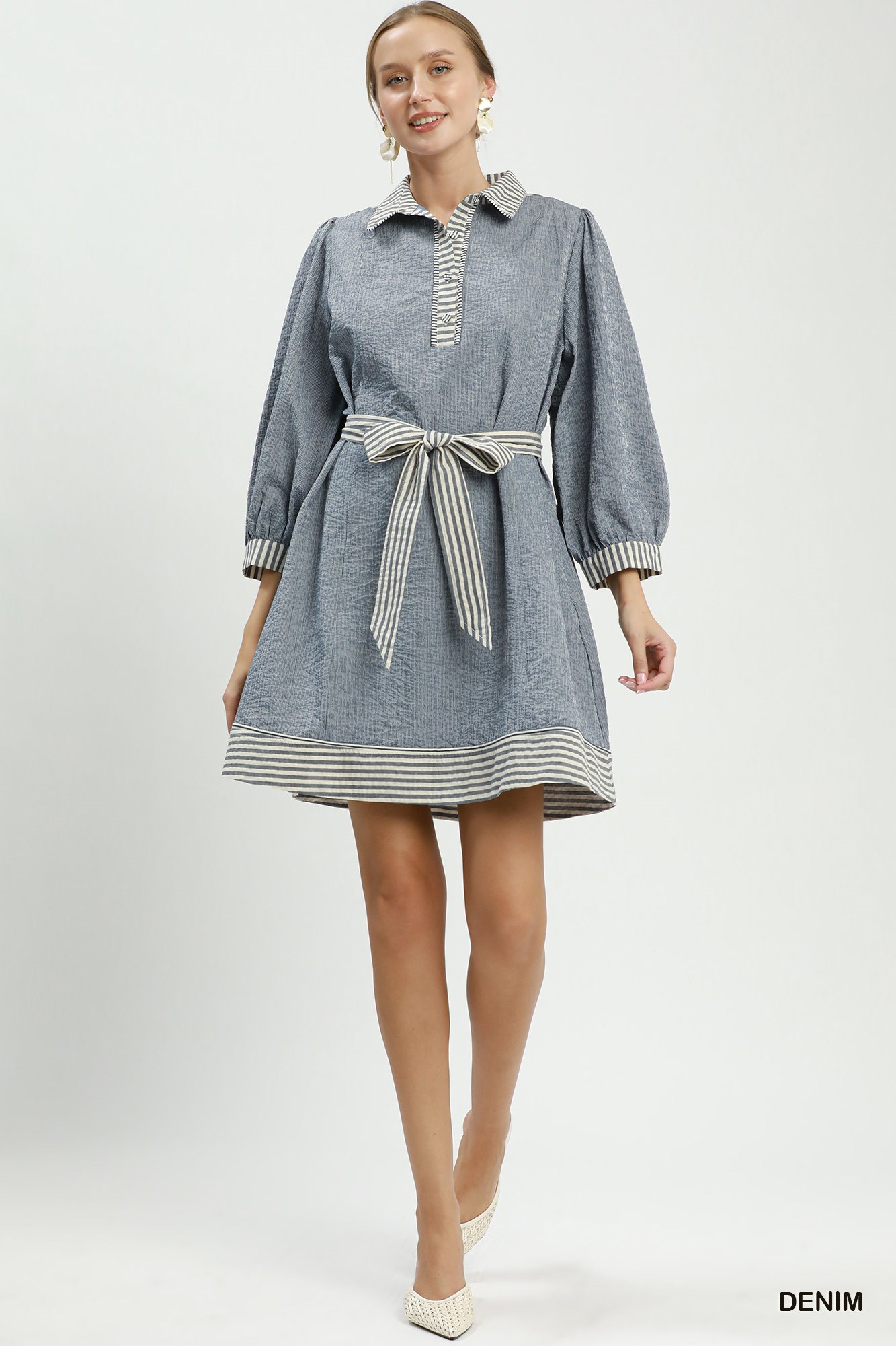 Striped Contrast Belted Puff Sleeve Mini Dress, image 5