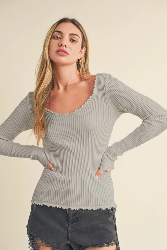 Lettuce Hem Scoop Neck Long Sleeve Knit Top, image 2