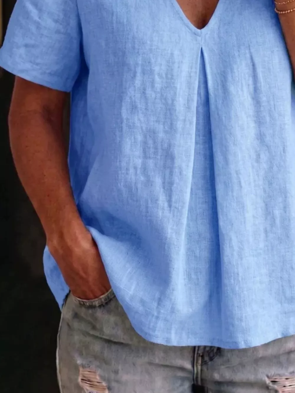 Full Size V-Neck Pleated Short Sleeve Blouse Plus Size, image 7