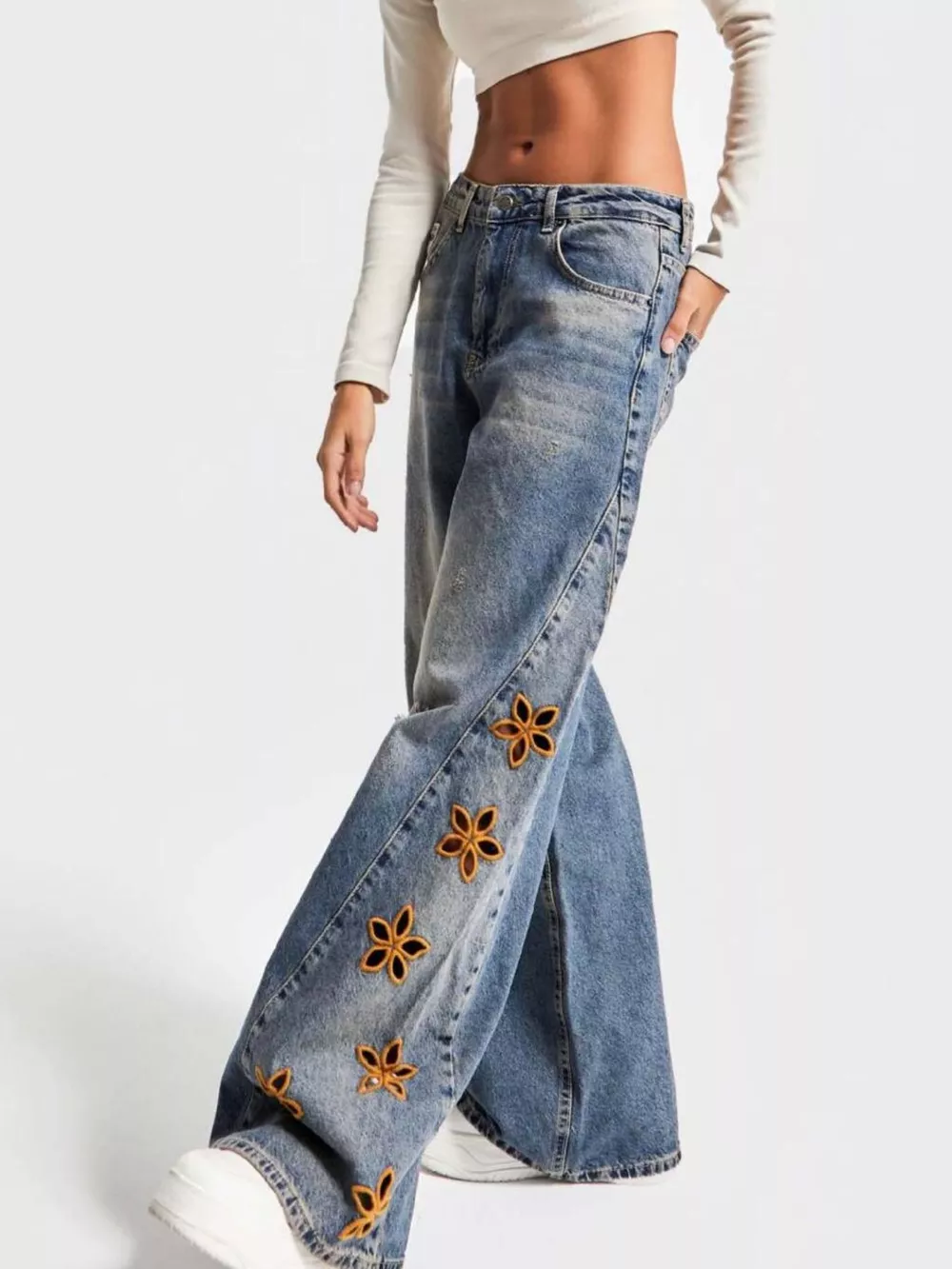 Floral Embroidered Wide Leg Jeans, image 3