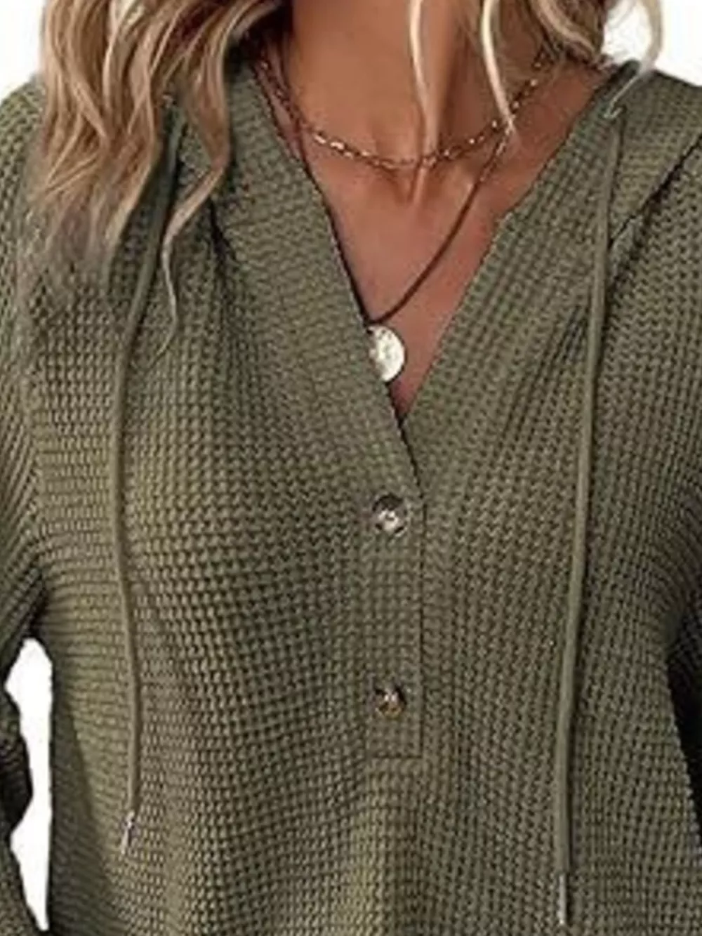 Full Size Button Detail Waffle Knit Hoodie Plus Size, image 2