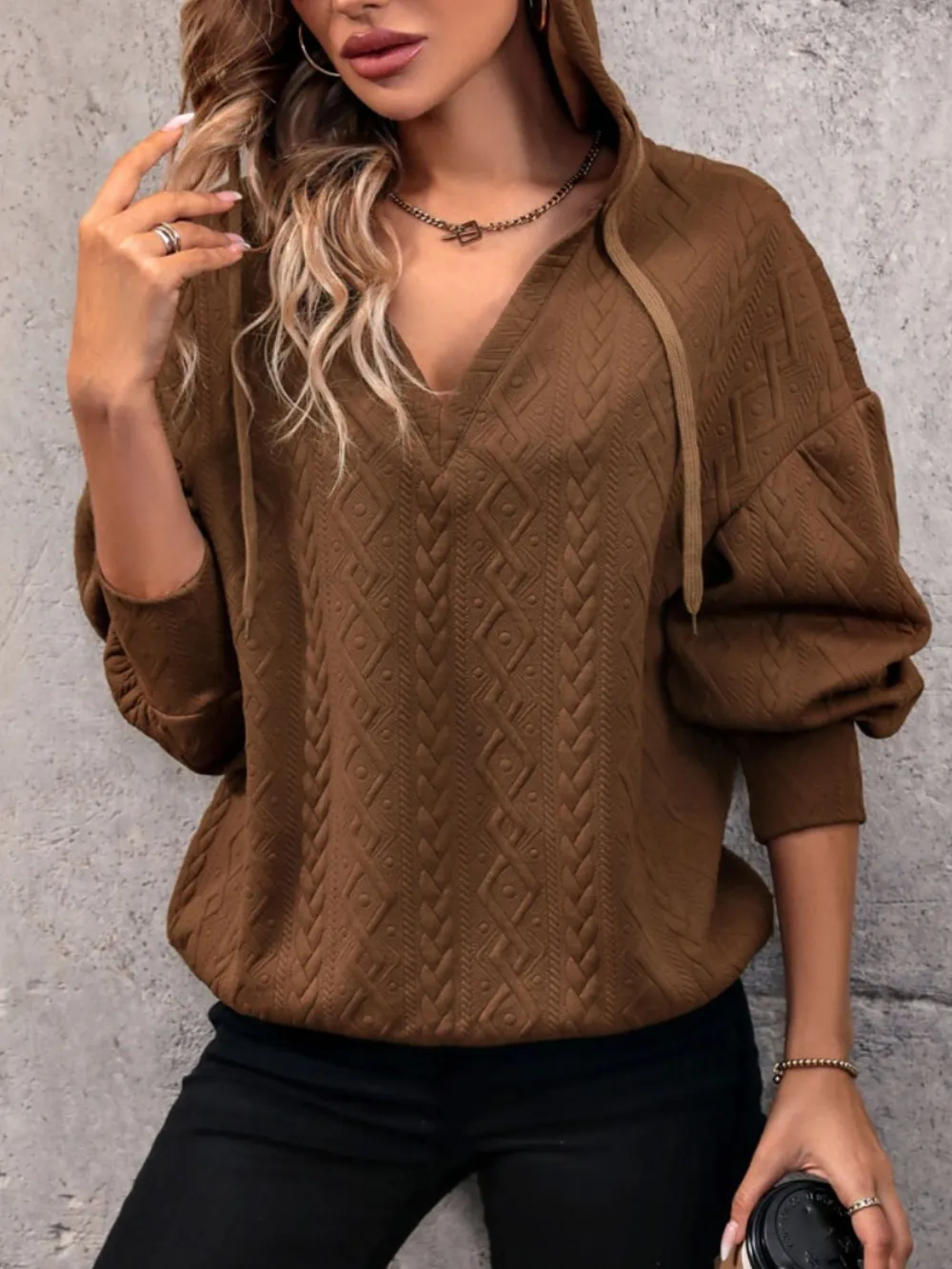 Drawstring Dropped Shoulder Long Sleeve Hoodie, image 3