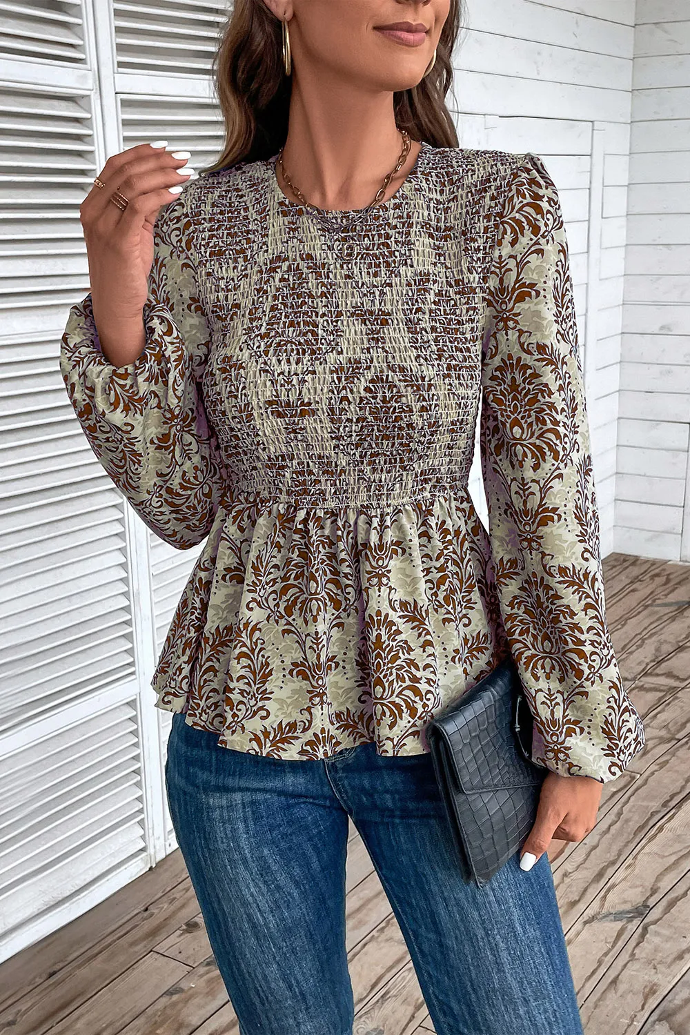 Smocked Printed Balloon Sleeve Blouse, image 3